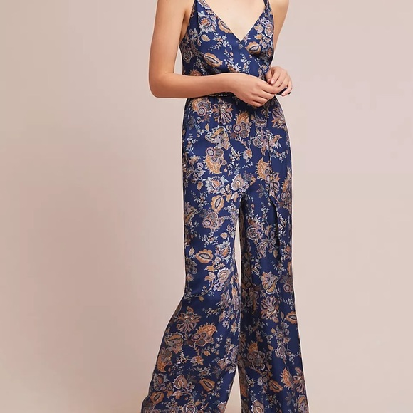 Anthropologie Pants - Anthropologie Paisley Print Jumpsuit Deep V Neck Blue Multi Wide Leg Small